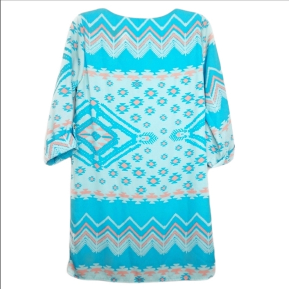 Everly Aqua Blue Tribal Western Geometric Shift Mini Dress Women's Size Small S - Picture 2 of 5